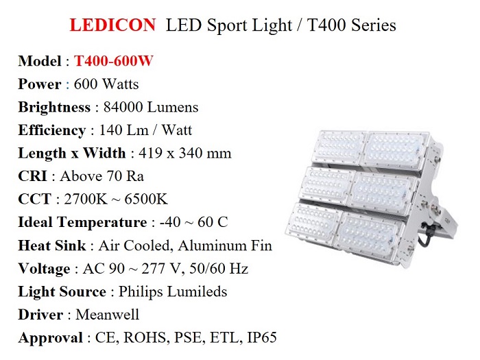Sport Light T400 series / 600 W, 84000 Lm - LEDICON - Gamako